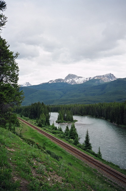 Banff National Park, Bow Valley, Bow River, CPR, looking down the river, South-East. 