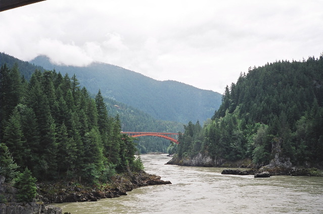 Fraser river. View from Alexandra Bridge South, down the river. Bridge at distance is Trans-Canada Hwy