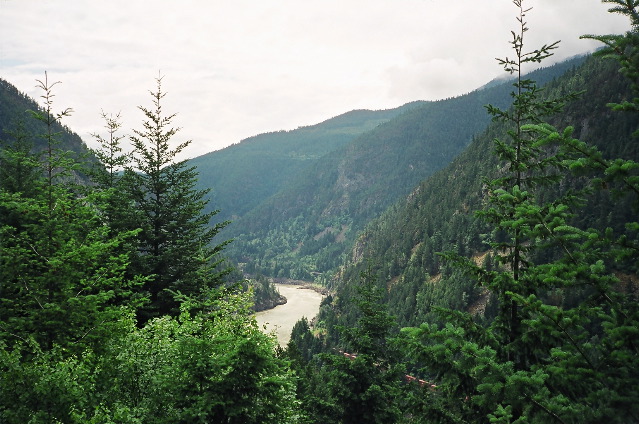 Fraser at Hell's Gate, view South. Train is on the CP, Fraser Canyon West bank
