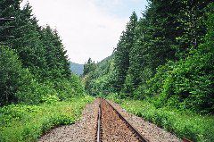 CN transcontinental railway on the East side of Fraser Canyon at Alexandra Bridge, Looking South