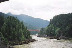 Fraser river. View from Alexandra Bridge South, down the river. Bridge at distance is Trans-Canada Hwy