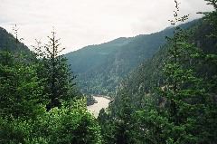 Fraser at Hell's Gate, view South. Train is on the CP, Fraser Canyon West bank